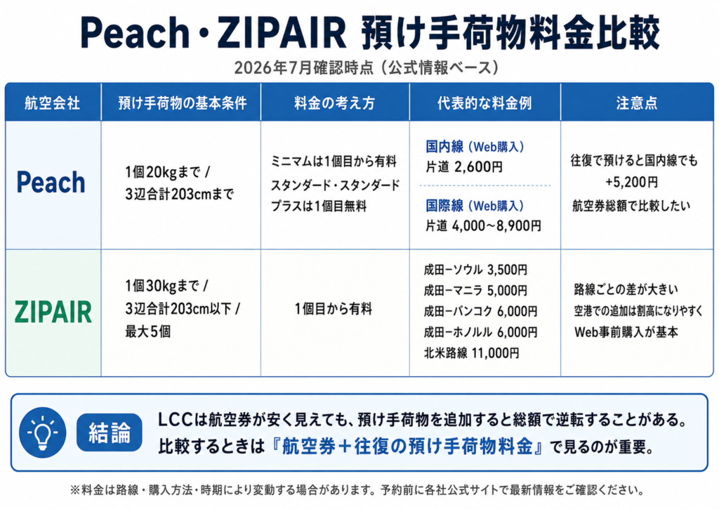 Peach、ZIPAIRの預け荷物の料金比較表